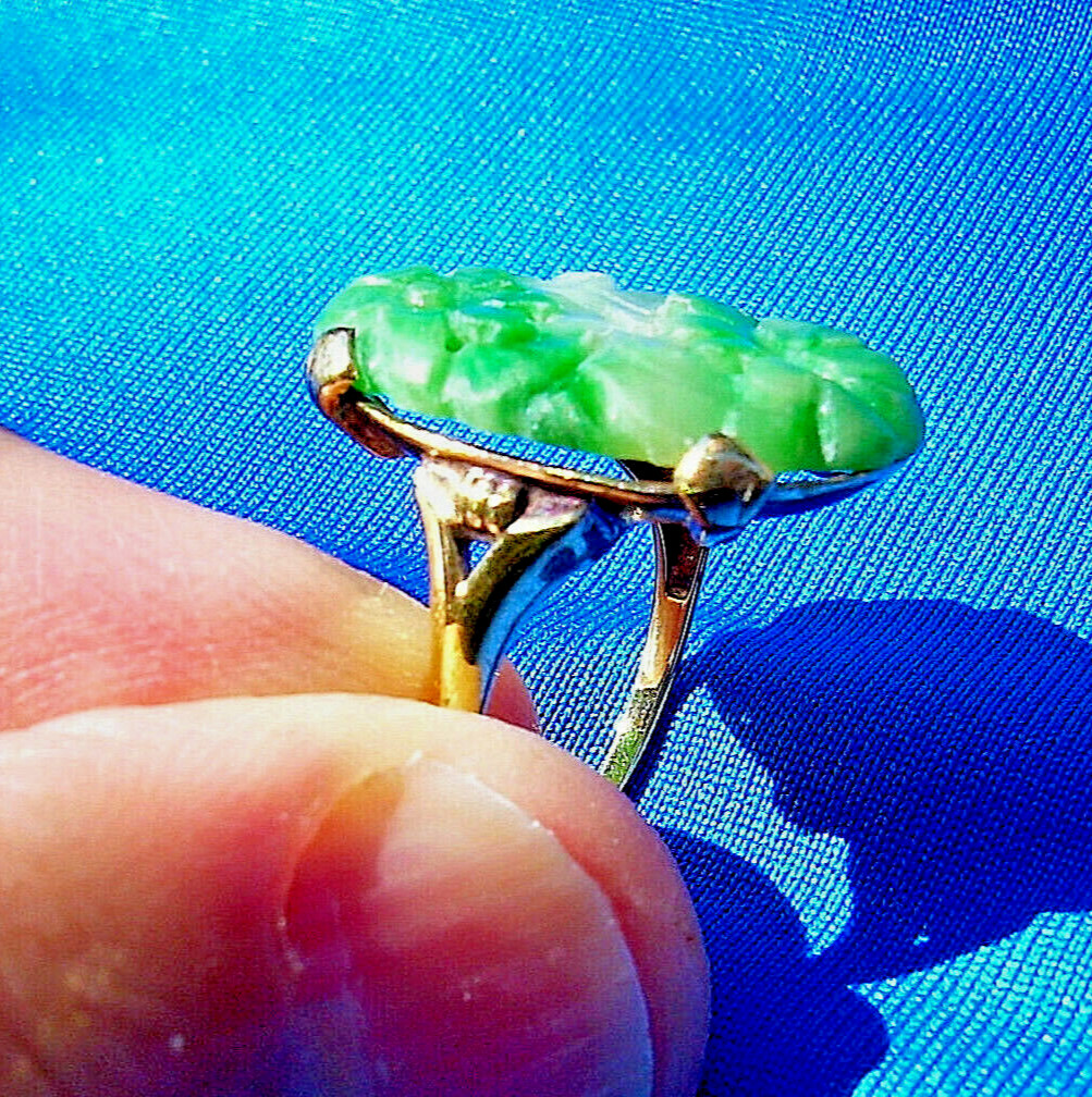 Original EARTH MINED Green JADE Antique Ring Victorian SOLID 18K GOLD Vintage 5