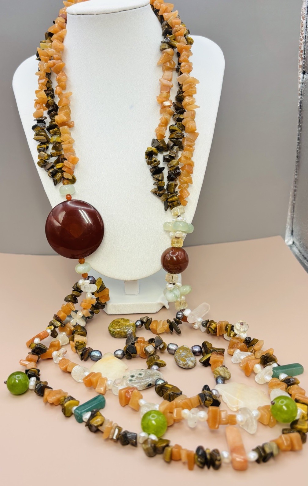 Vintage Natural Gemstone Multi Strand Boho Tigers Eye Carnelian Pearl 28”