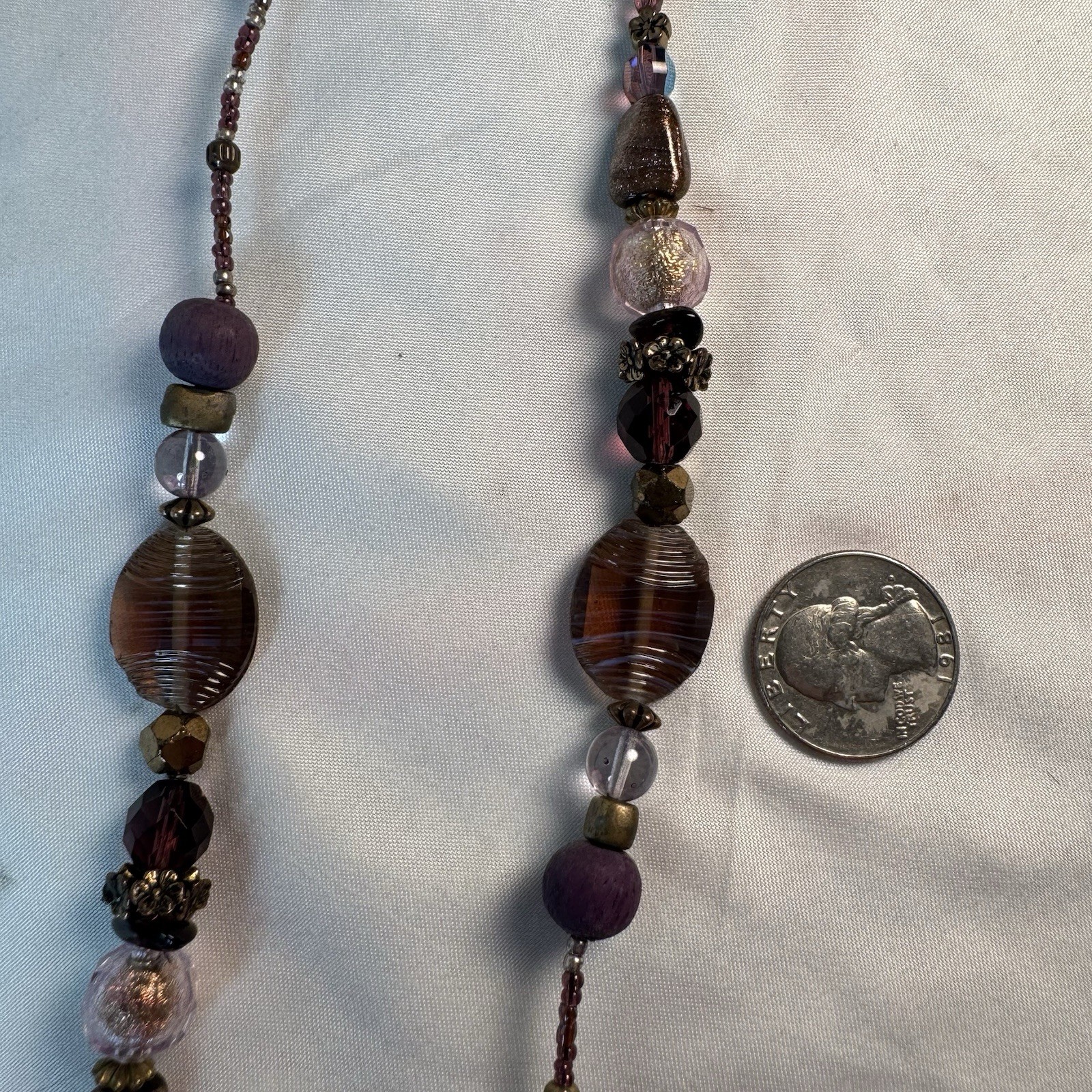 Vintage Boho Mixed Glass Beaded Long Strand Necklace Purple Bronze Brass 42 Inch