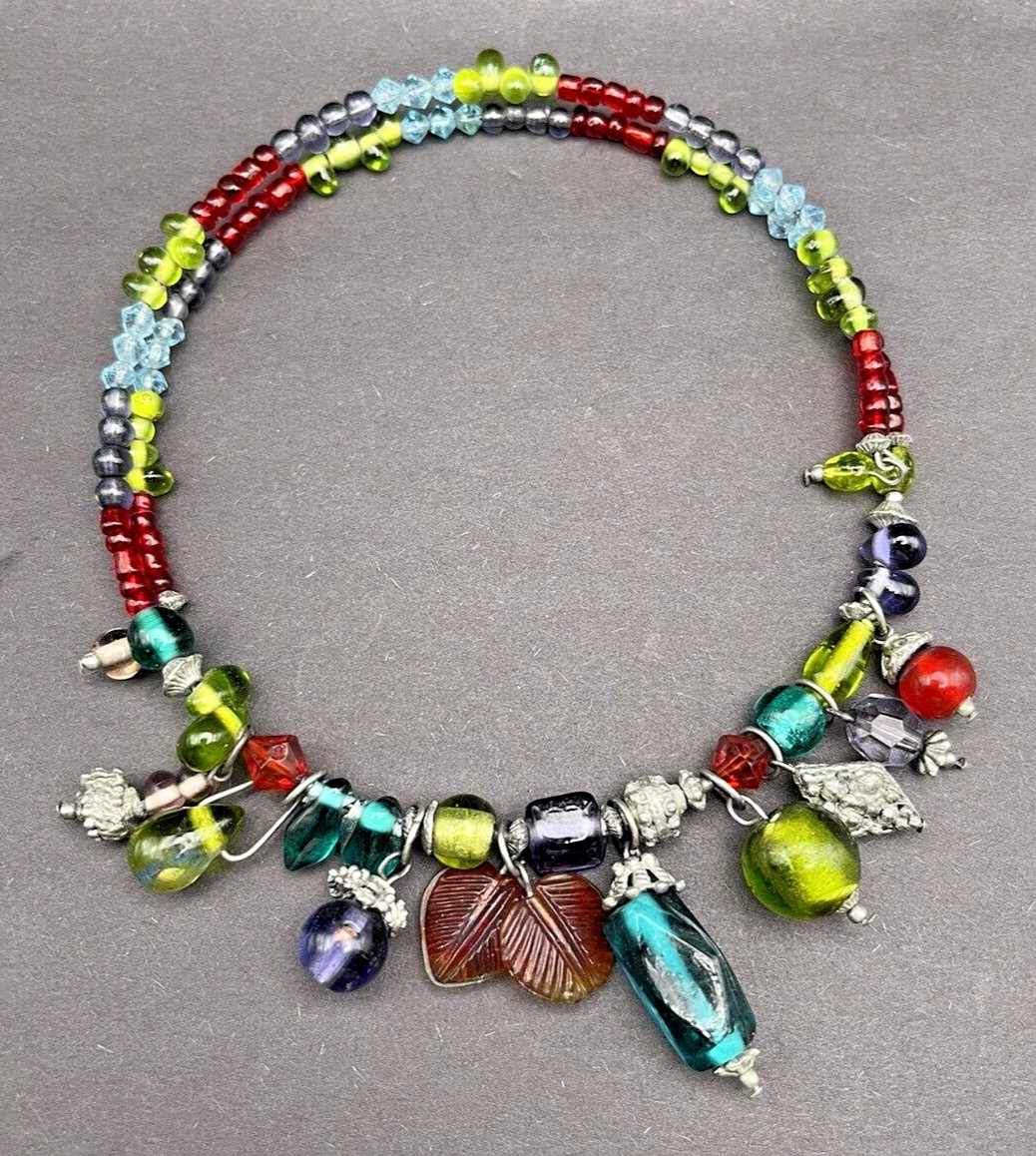 Art Glass Charms & Bead Wire Choker Necklace Silver Metal
