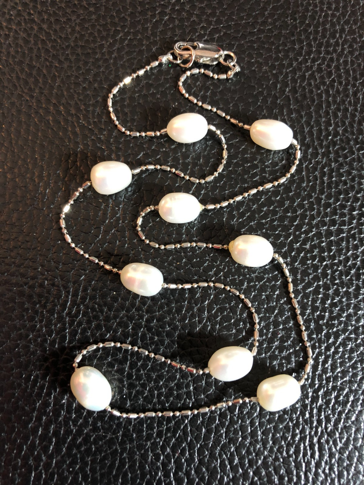 Silver White Cultured Pearl Station Chain Necklace Real Genuine Baroque 17+” P29