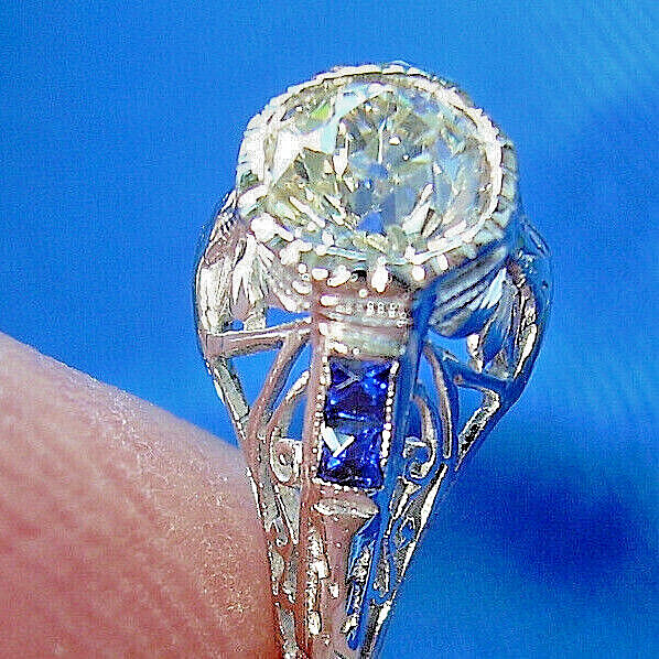 Original EARTH MINED DIAMOND Sapphire Deco Engagement Ring PLATINUM Solitaire 6