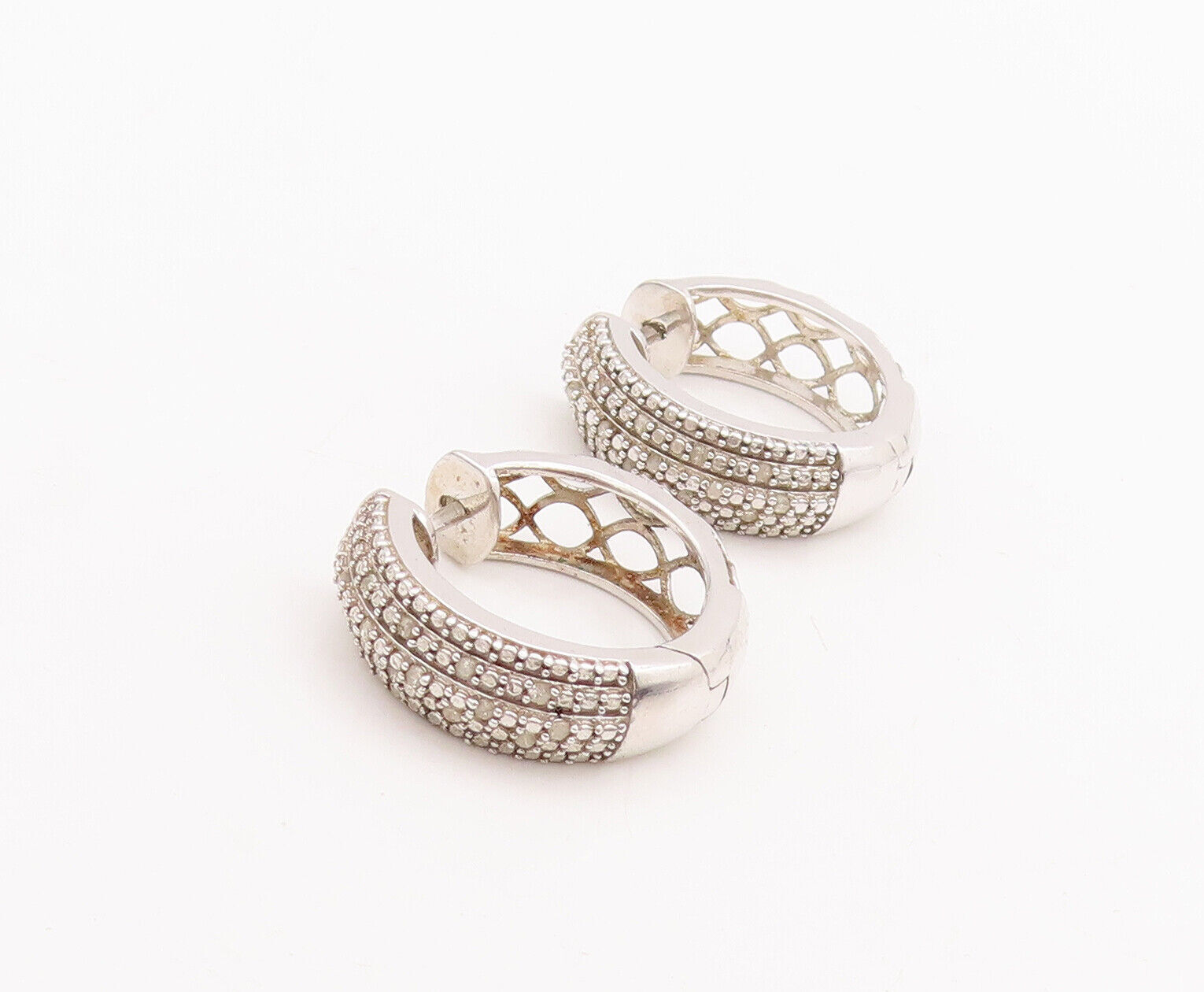925 Sterling Silver Vintage Earrings Cutout Solid Diamonds Inlay Hoops EG13066