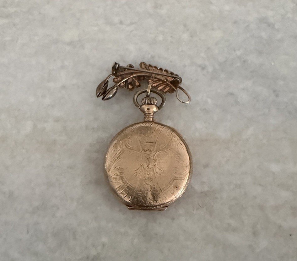 Vintage Gold Filled Elgin Scrolled Flower Works Pocket Watch On Pin Brooch