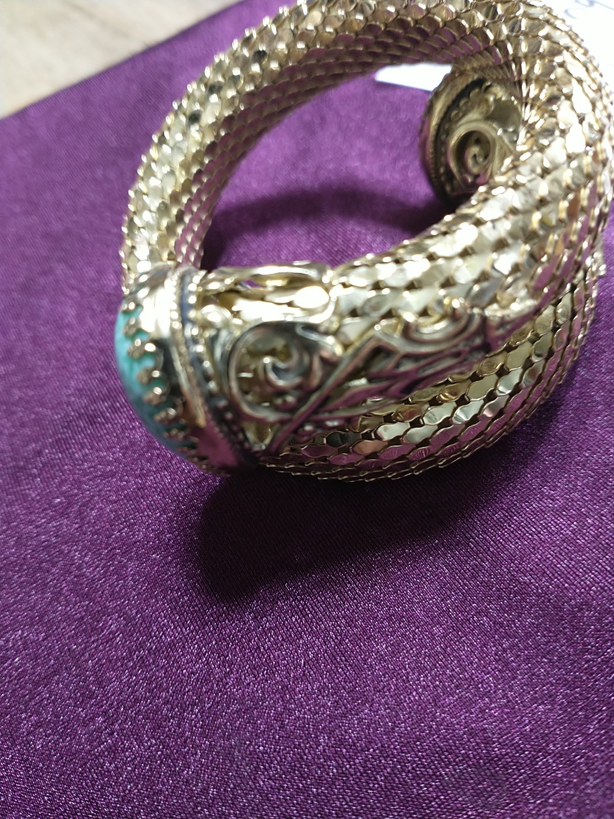 VINTAGE WHITING & DAVIS Mesh Snake Wrap Bracelet Green Peking Glass Cabochon