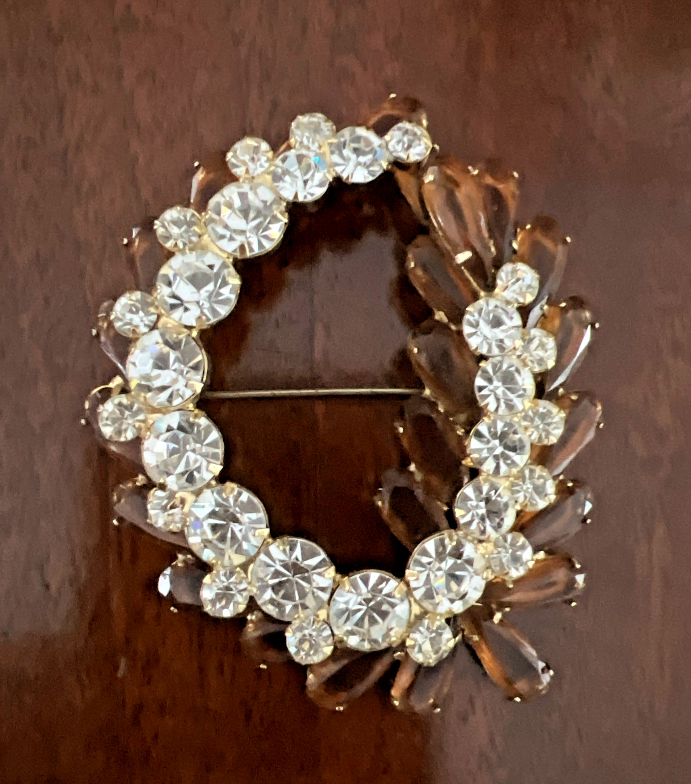 VTG. JULIANA DELIZZA & ELSTER AMBER & CLEAR RHINESTONE BROOCH LARGE 3″