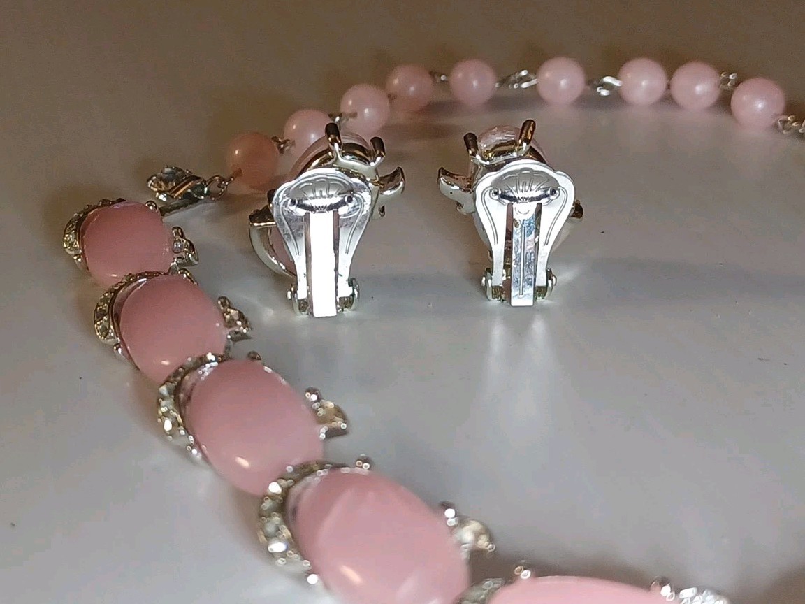 Vintage Kramer Necklace Earrings Signed Pink Thermoset Wit Rhinestone Silvertone
