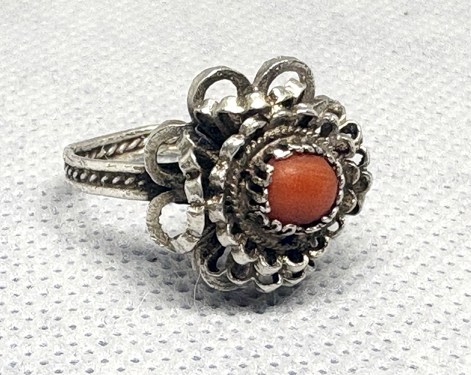 (19) ANTIQUE Historic 1870-1890s Red Coral 800 or 835 Silver size 7.5 Ring (925)