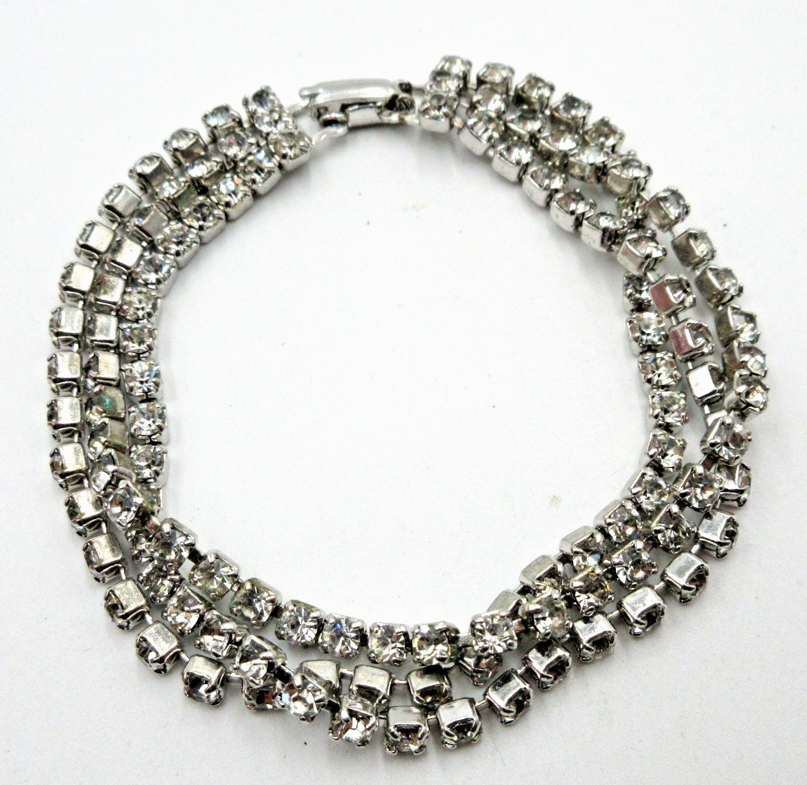 VTG TRIPLE BAR LINK 6.75″ clear RHINESTONE WRAP bracelet Silver tone mtl jewelry