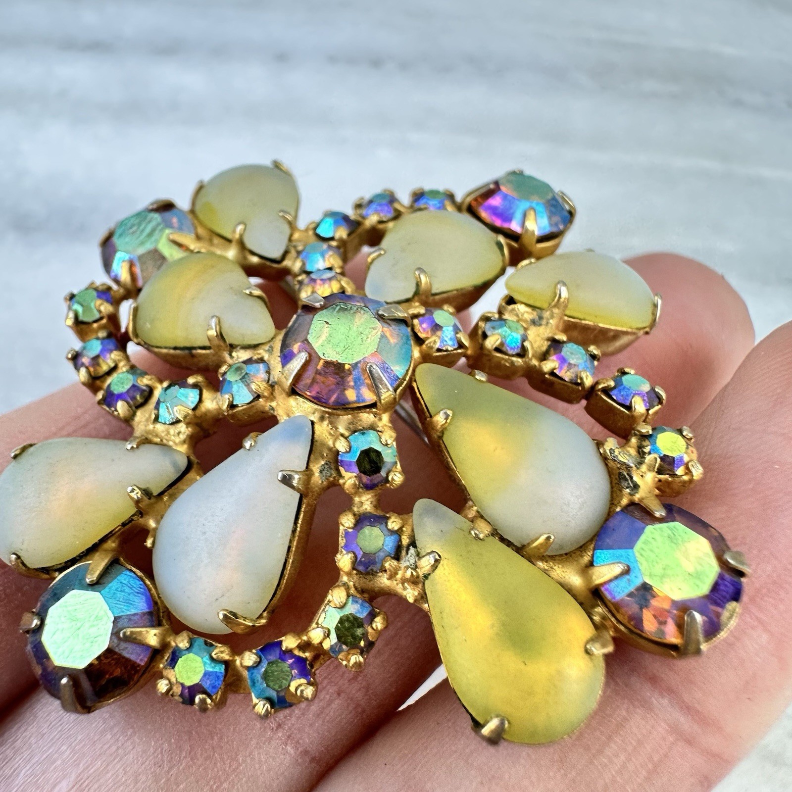 Vintage Opaline Brooch Earrings Set Juliana Kramer Style AB Rhinestone Glass