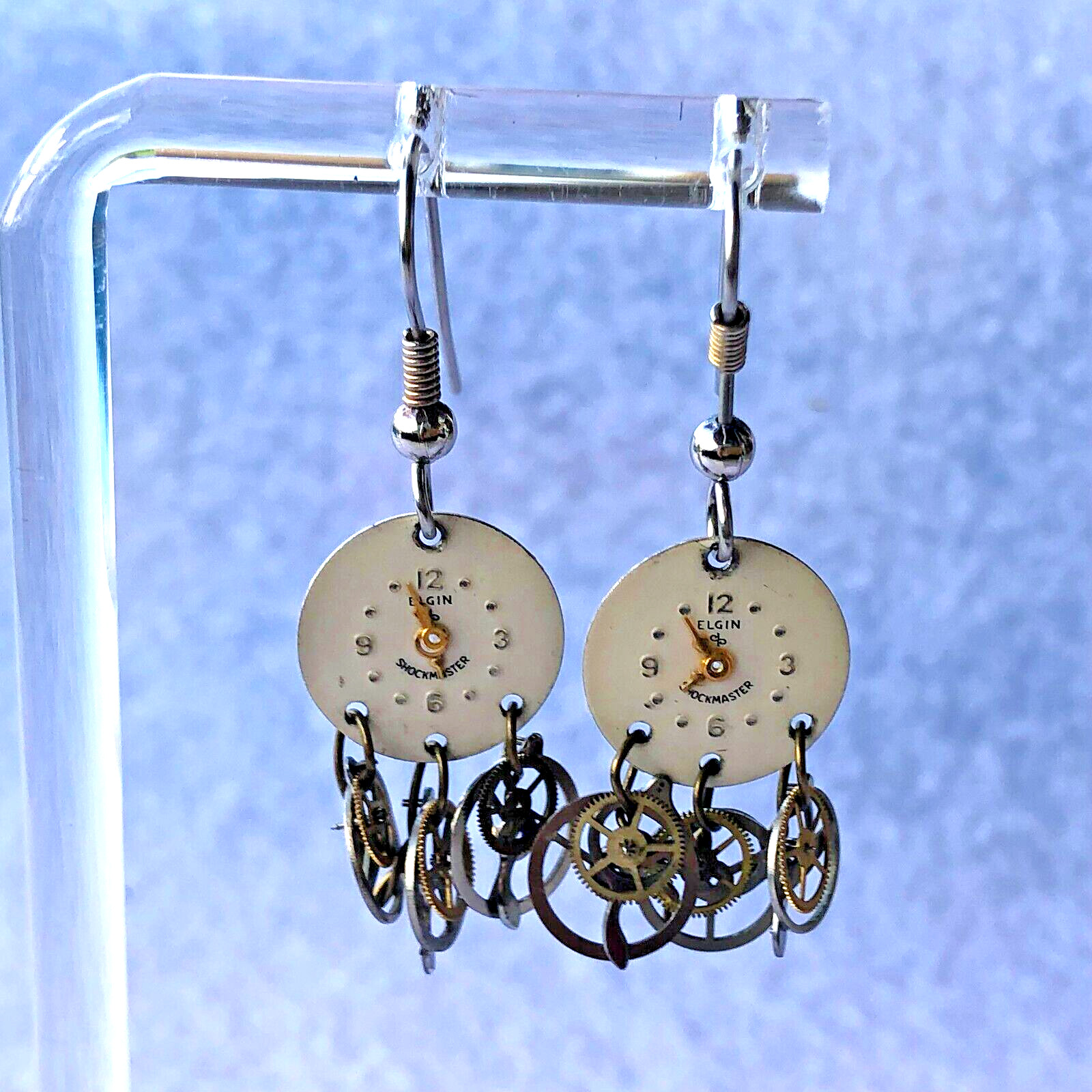 Vtg ELGIN Thin Shockmaster White Dial Dangle Earrings Watch Clock Unique Handmad