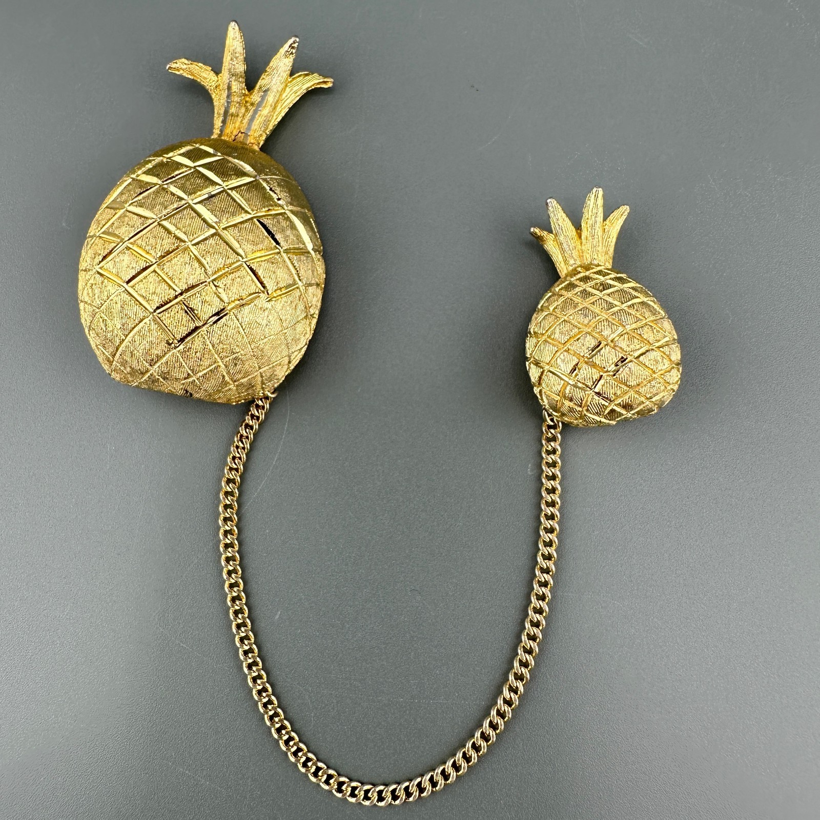Vintage BSK Pineapple Brooch Double Pin Gold Tone Figural Connected 5″ Chain