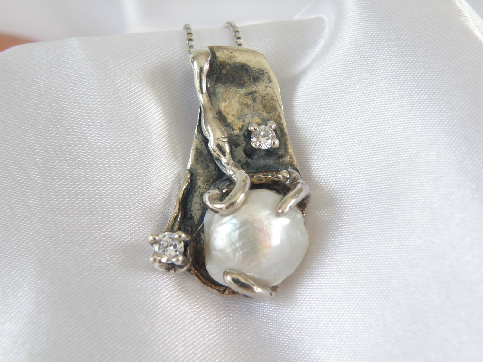 Brutalist Sterling Silver 925 Baroque Pearl Modernist Pendant Necklace