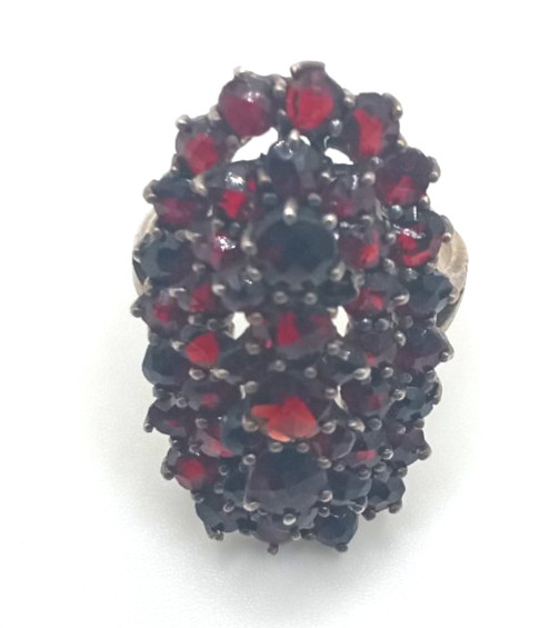 Antique Silver Bohemian Czech Garnet 3 Row Cluster Cocktail Ring Size 5