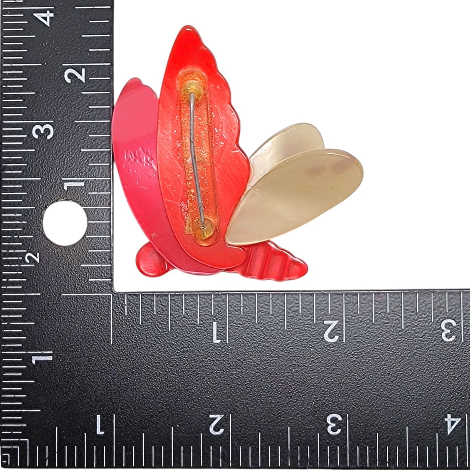 1940s Moth Brooch Vintage Figural Bug Pin of Cream & Red Acetate / Spun Nylon