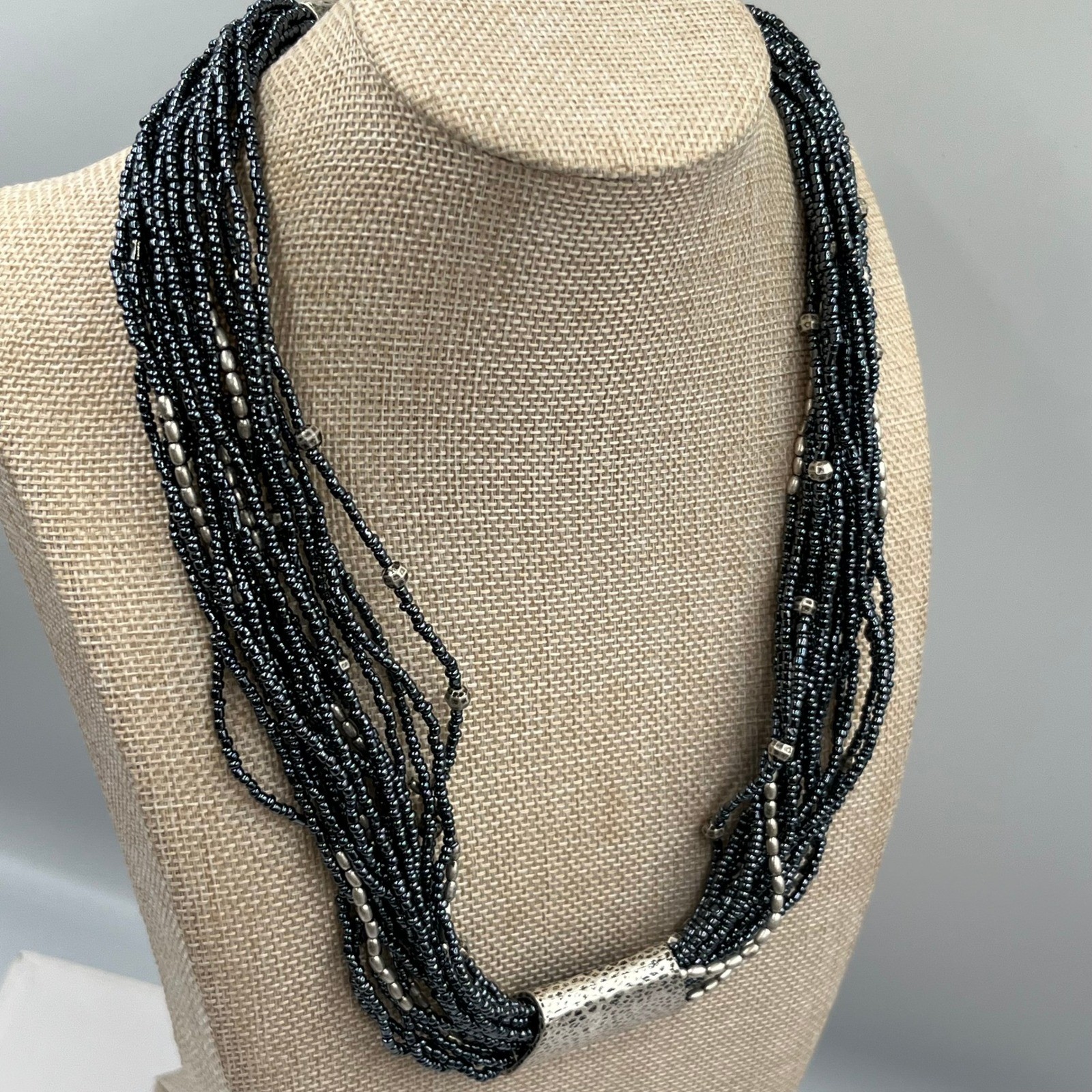 Coldwater Creek Multi-Strand Seed Bead Necklace Silver Tone Hammer Slide Accent