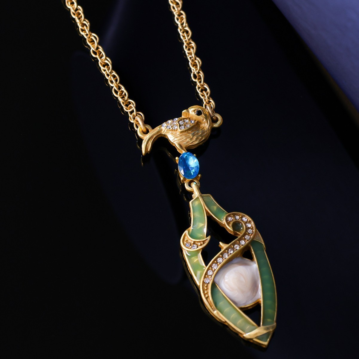 Vintage Victorian Bird Set Necklace Earrings Gold Rhinestone Jewelry Gift
