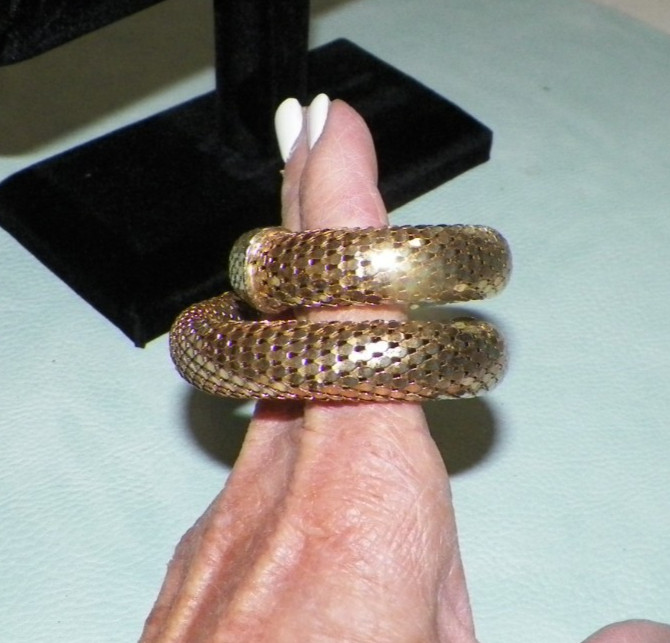 VINTAGE WHITING & DAVIS GOLDTONE MESH COIL SNAKE BRACELET