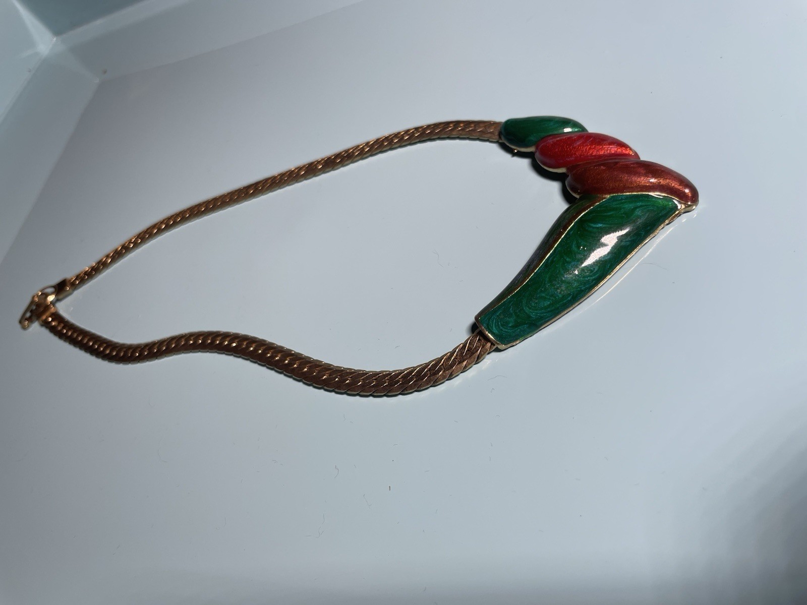 Vintage Enamel Statement Necklace Green Red Gold Tone Snake Chain Retro