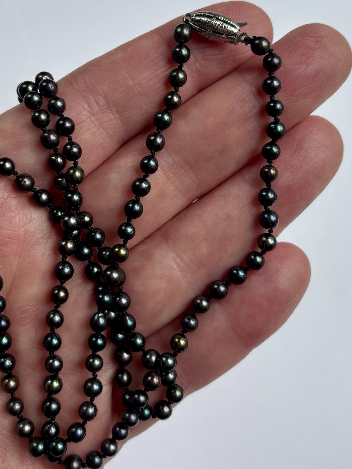 Vintage 4mm Black Pearl Necklace European 835 Sterling Silver Clasp 32” Long