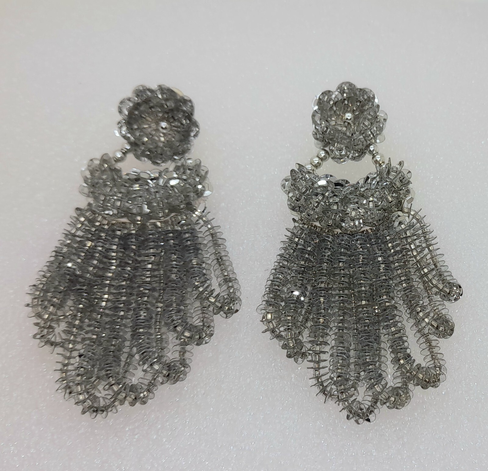 E304 Vintage long Handmade silver seed beaded sequins clip Drop fashion earrings