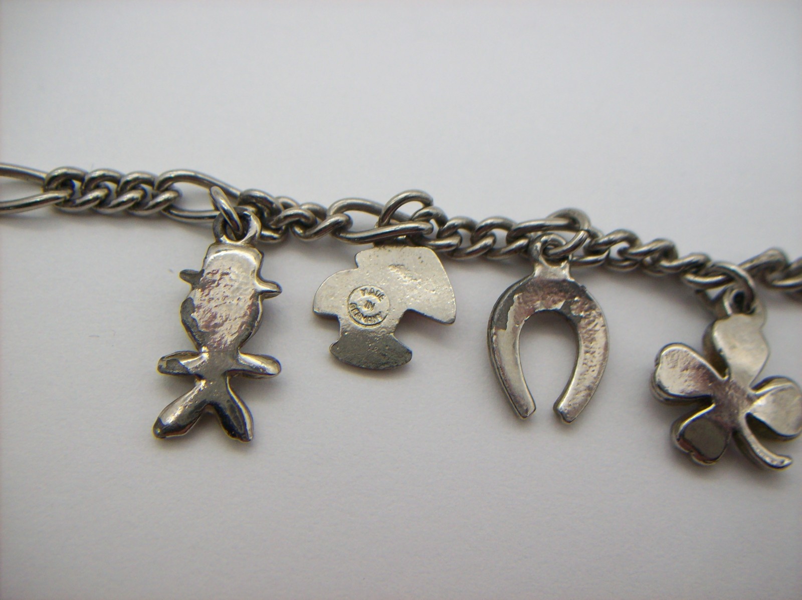Vintage Silvertone Mix GOOD LUCK Charm Bracelet, Enamel, some made in Germany