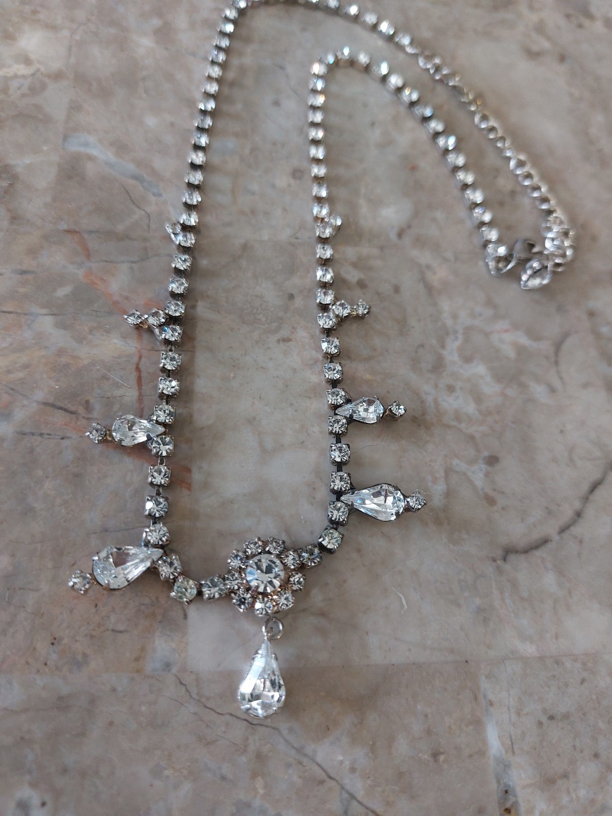 Dainty Clear Rhinestone Choker Necklace Vintage Deco Flower Teardrops Sparkle