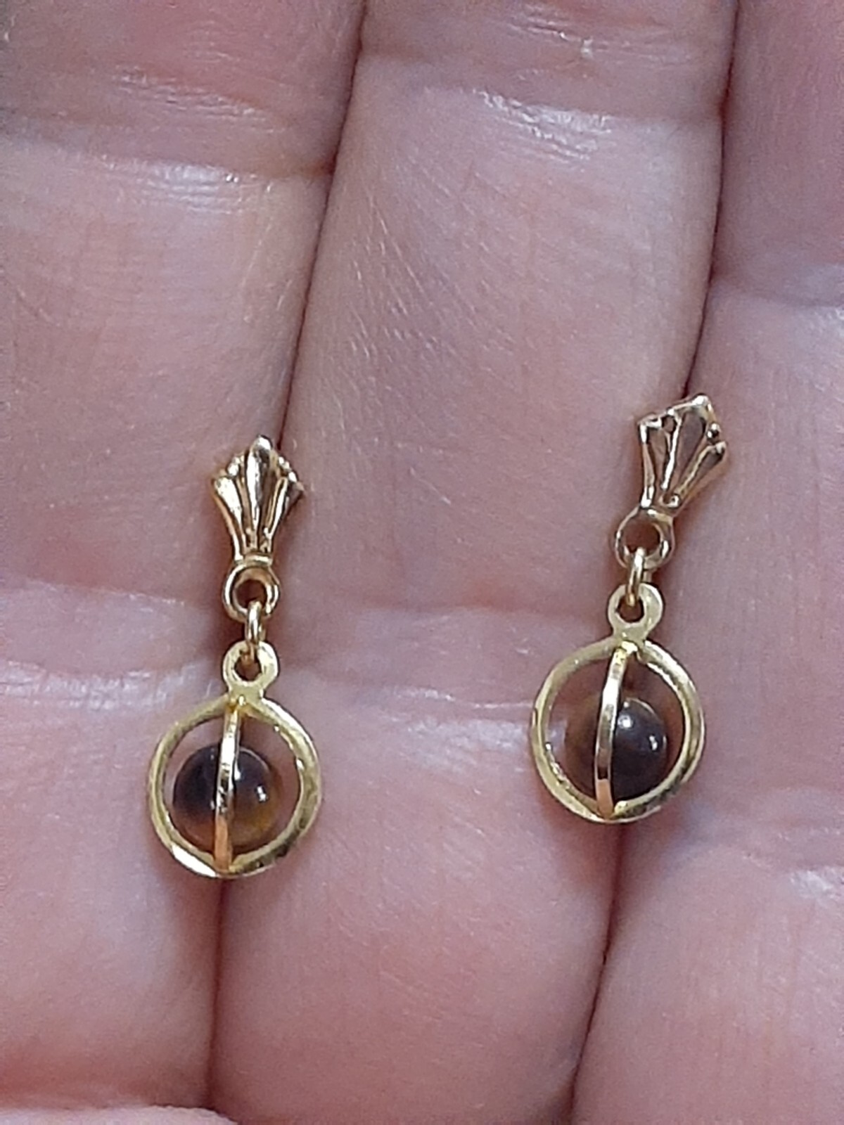 Dainty Tiger’s eye gemstone caged gold tone dangle drop earrings