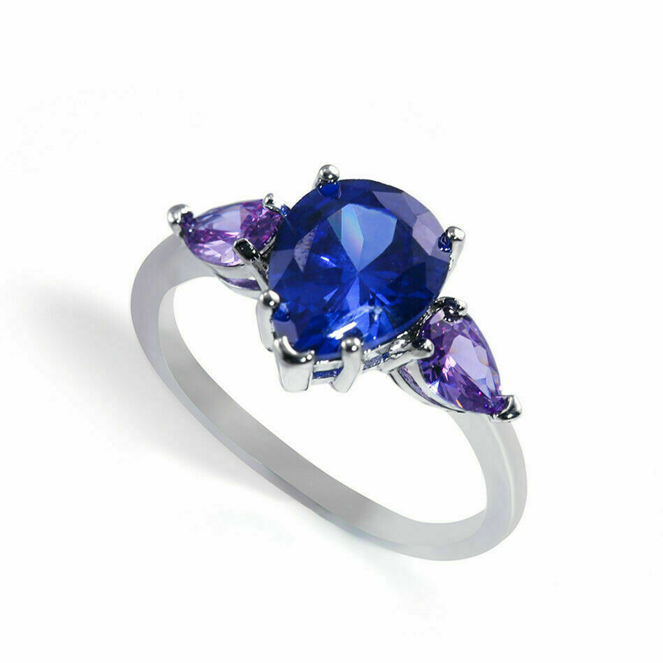 Jewellery Pear Cut Blue Sapphire and Amethysts Engagement Ring White Gold Finish