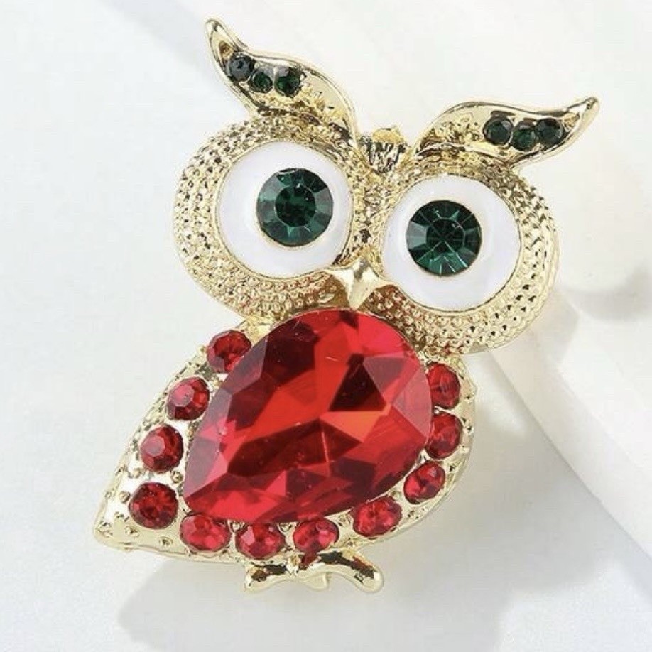 Retro Big Eyed Owl Brooch Red Rhinestone Fashion Pin Vintage Style