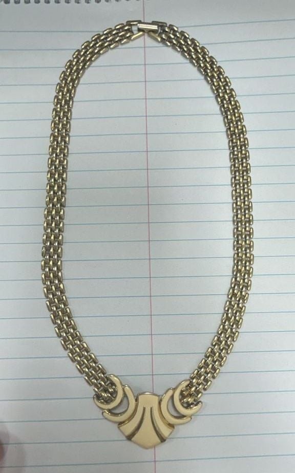 Vintage Trifari Gold Tone Mesh Chain Necklace with Cream Enamel Pendant