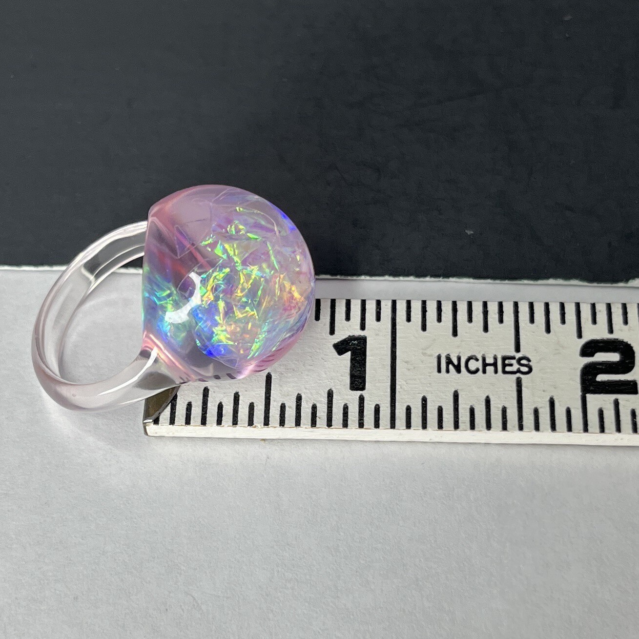 Pink Clear Lucite Dome Ring Size 7.75-8 Iridescent Opalescent Retro Moon Ring