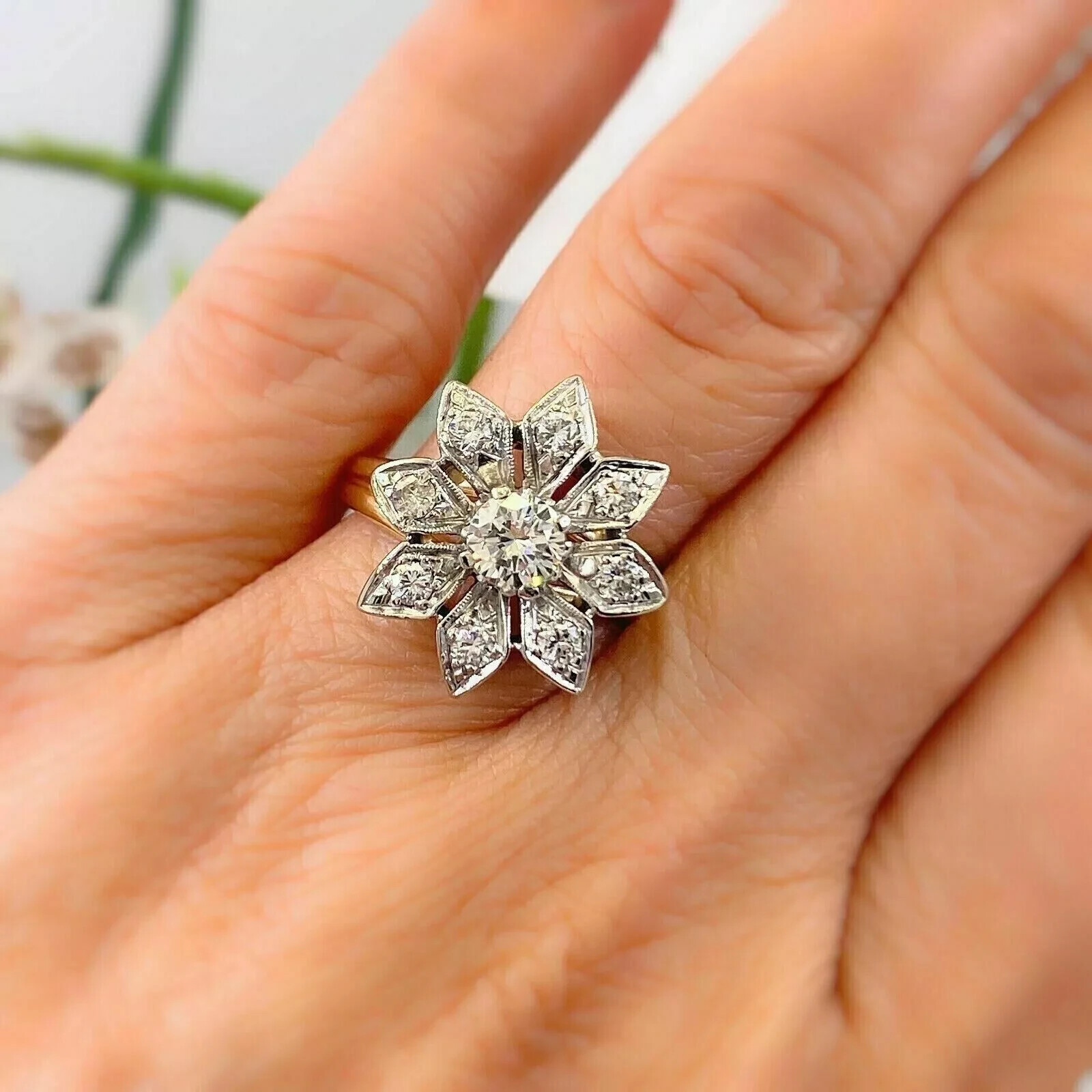 2Ct Art Deco Flower Round Cut Lab Created Diamond 14K Gold FN Anniversary Ring