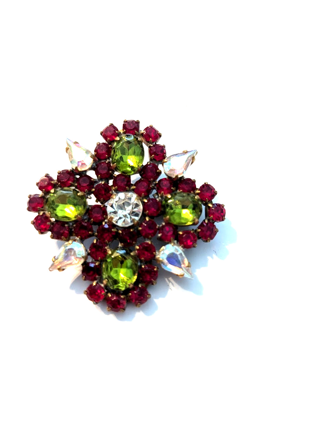 Vintage Czech Red and Green Rhinestone Brooch