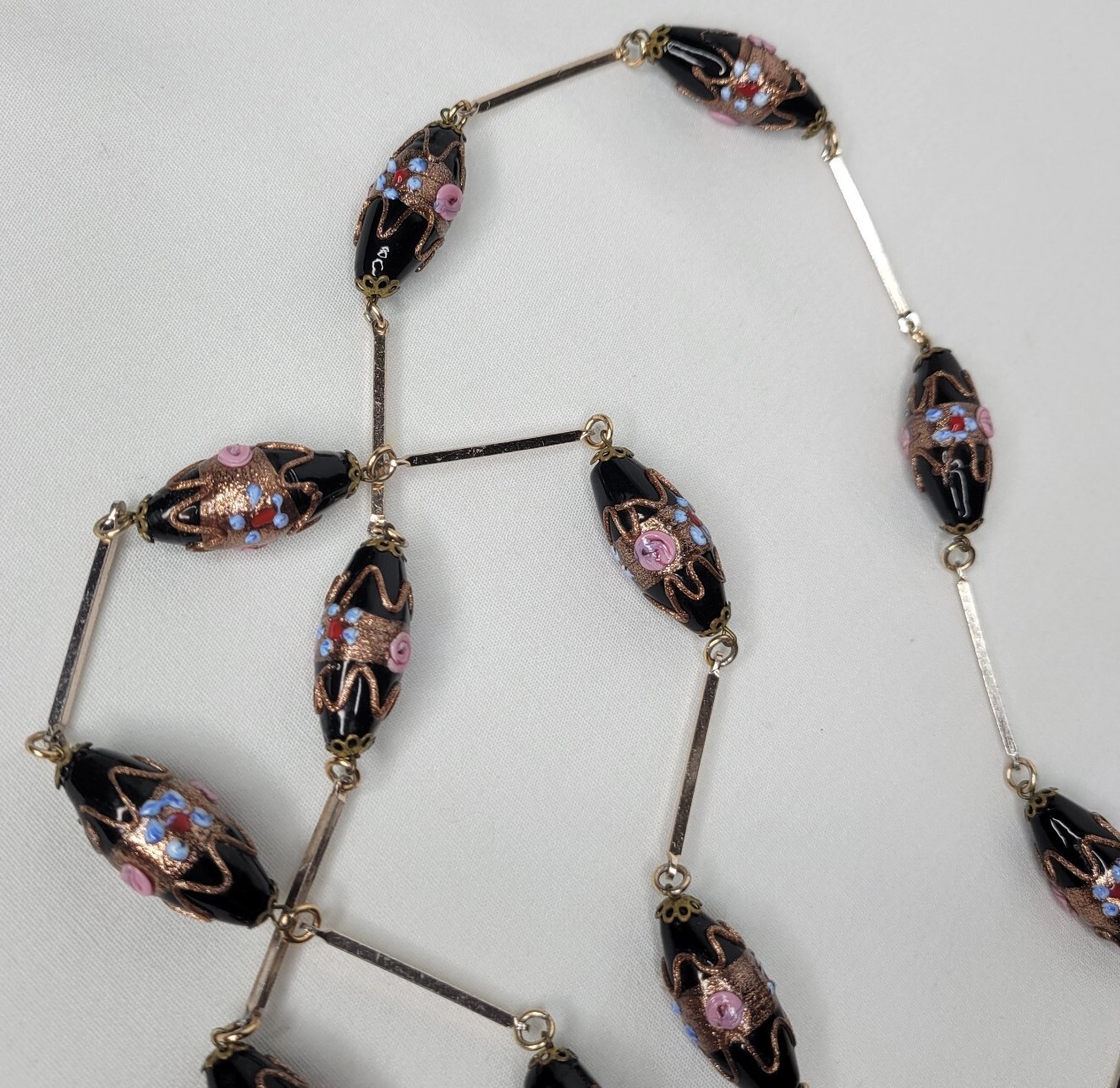 Vintage Venetian Glass Beaded Necklace Black Pink Blue Lampwork Beads Gold Tone