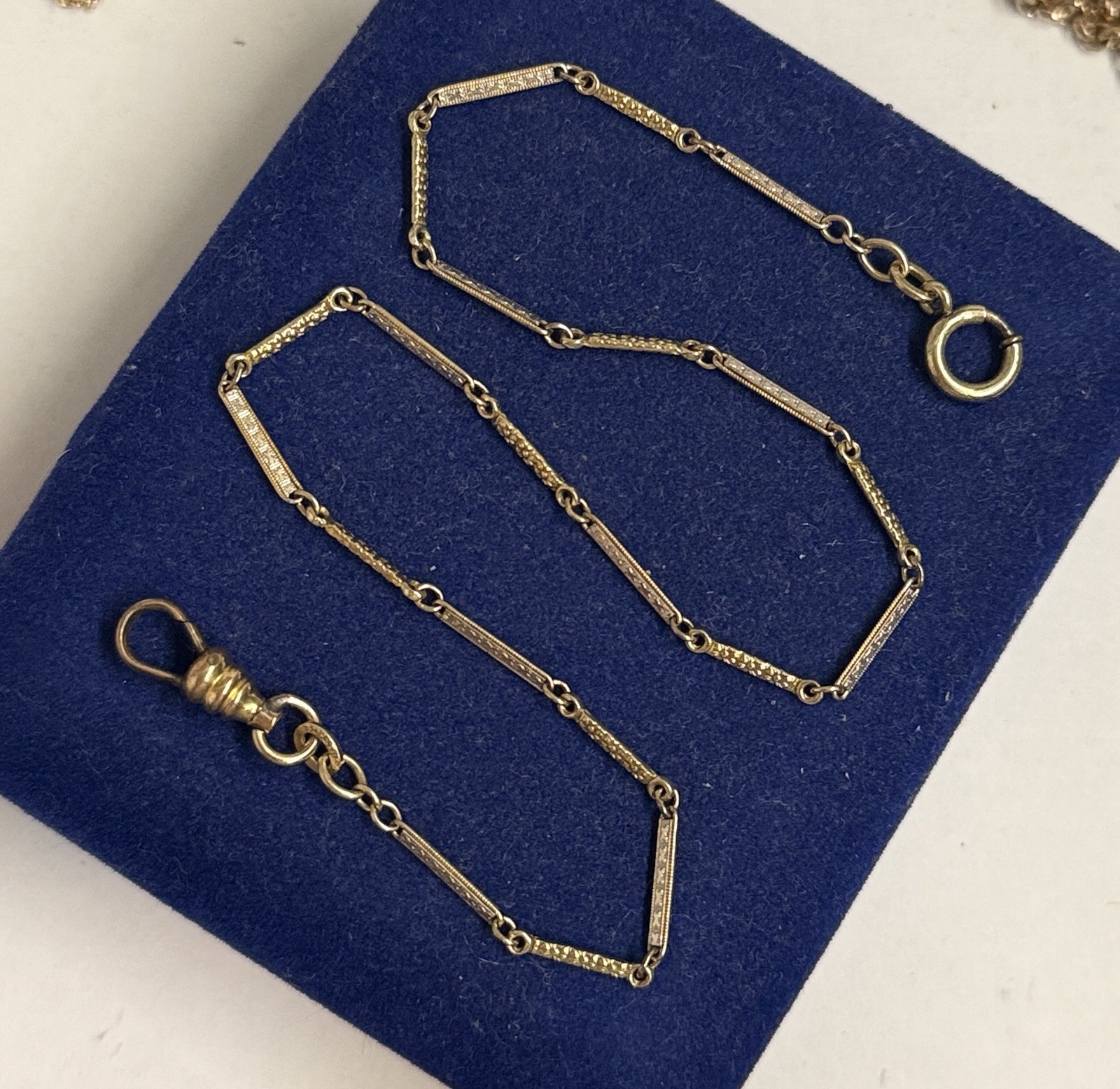 4.7g 2 Tone Gold Filled Fob Detail Bar link 13.5” 2.4mm victorian Gf Watch Chain