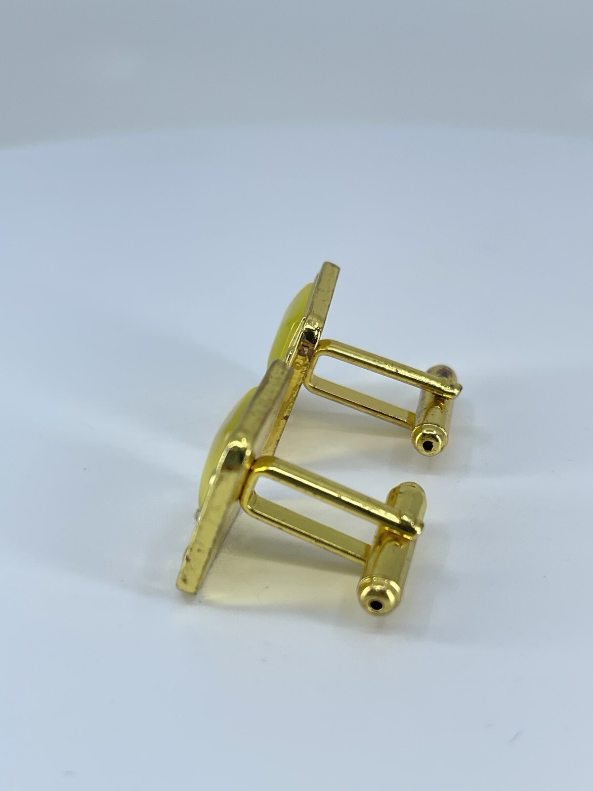 gold tone square yellow glass cufflinks white rhinestones accents bullet backs