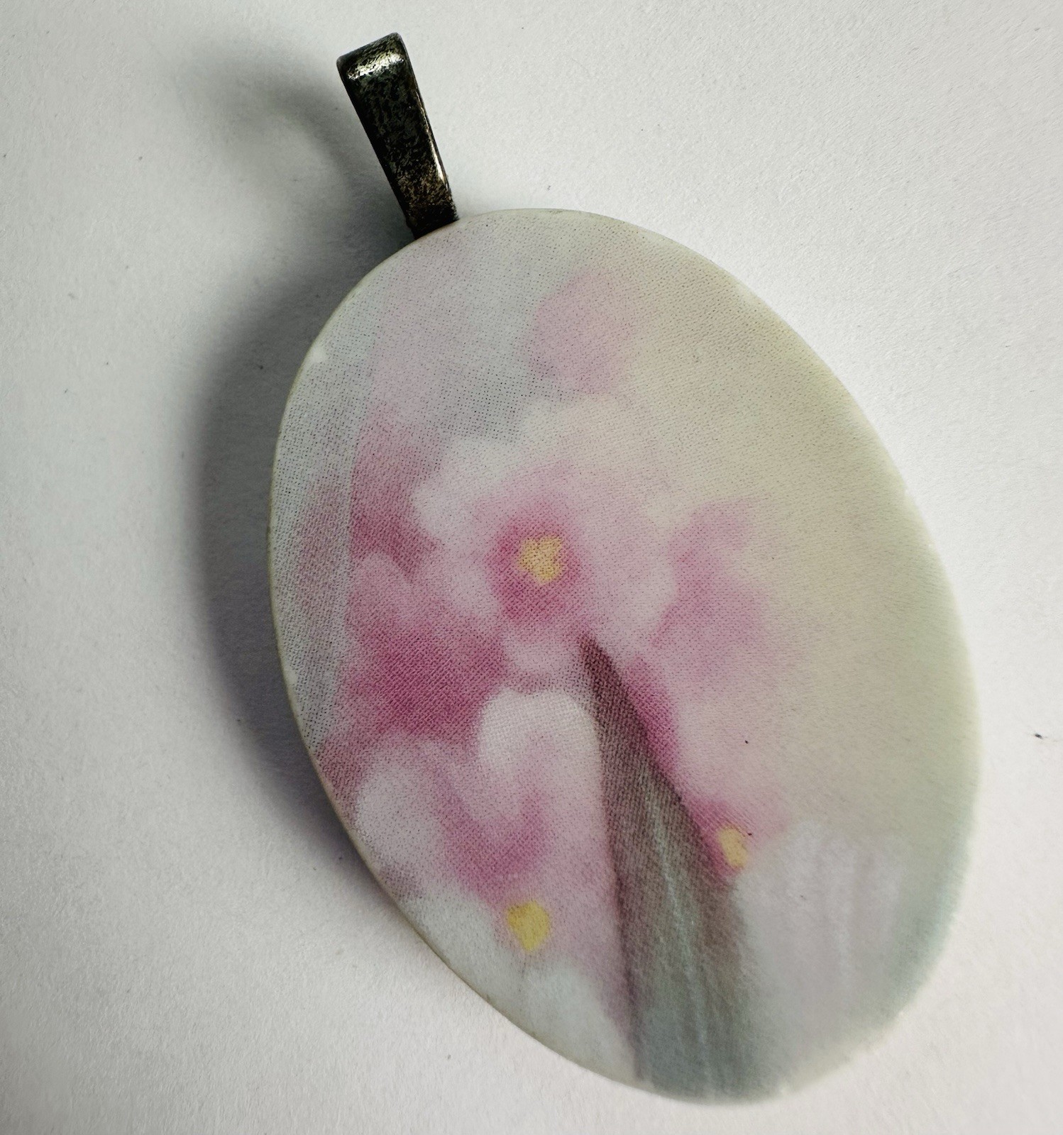 VTG Pink Artisan Dated Flowers Artist Beautiful Porcelain Pendant Signed