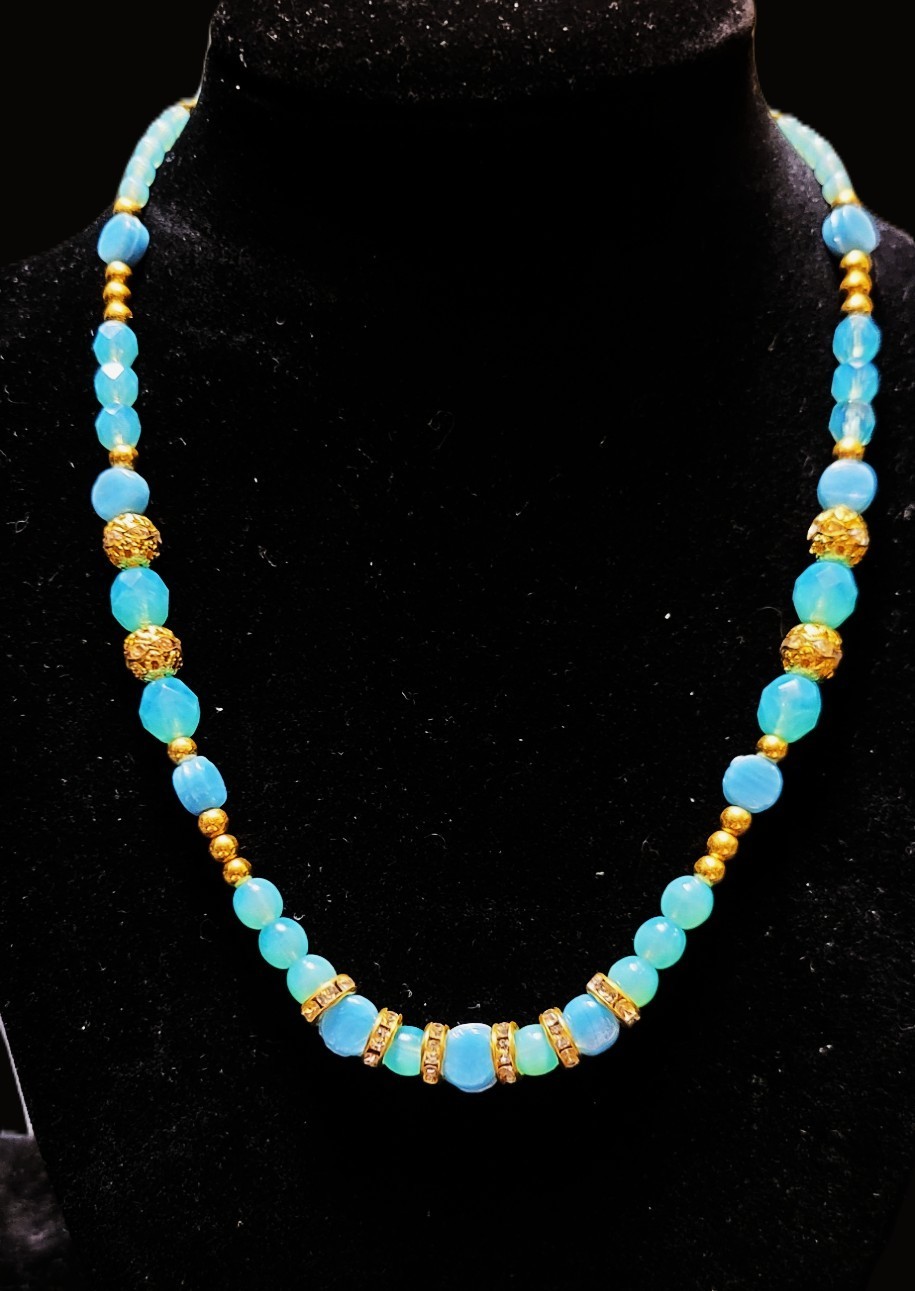 Uranium blue glass beads with Turquoise Czech glass bead toggle choker necklace
