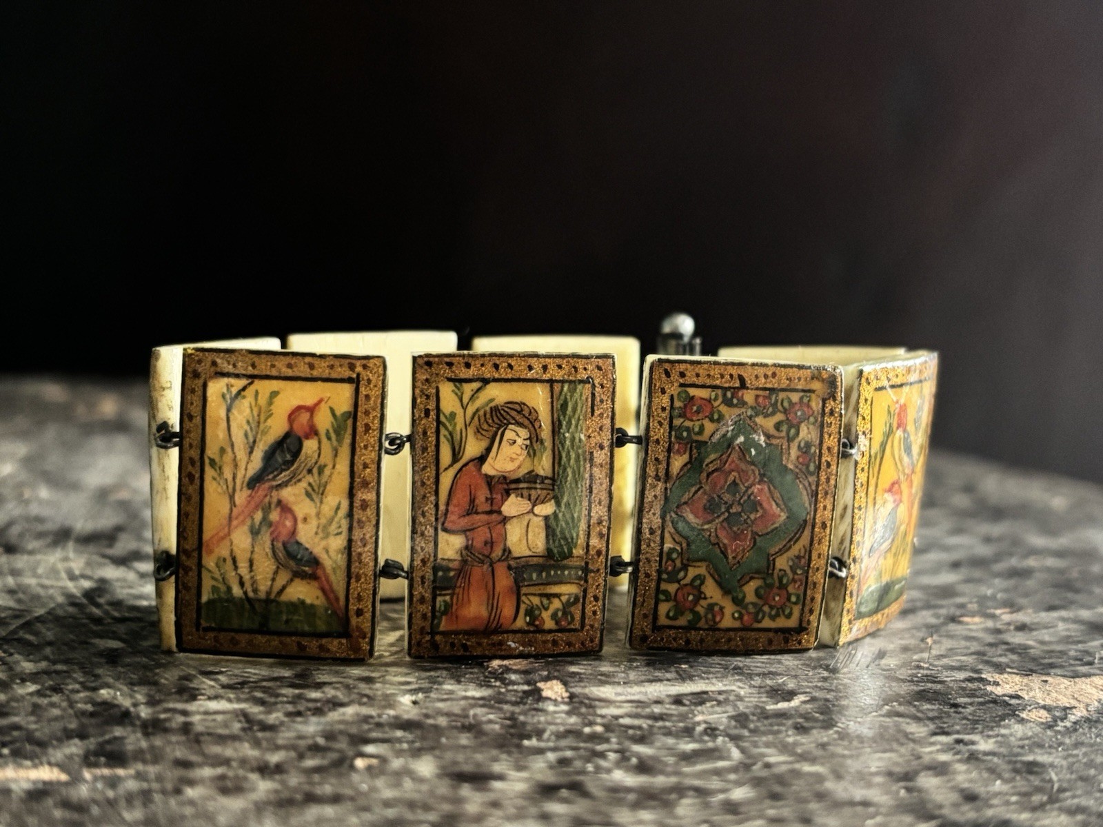 Antique Persian Hand Painted 8-Panel Story Bracelet on Bone Pin & Barrel Lock