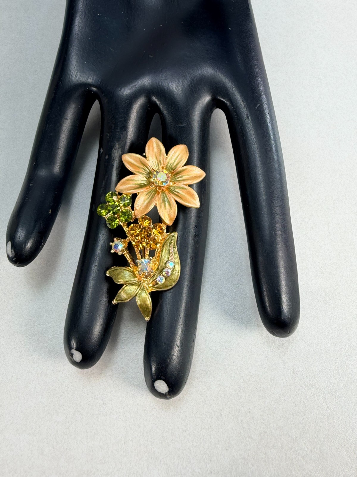 Vintage Floral Rhinestone Brooch Enamel Flower Bouquet Pin AB Crystal