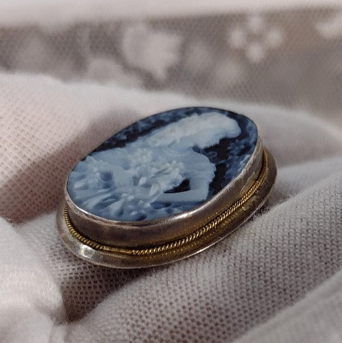 Cameo Sterling Silver 925 Italy Azure Agate Pendant Brooch 1121 NA Rare Hair