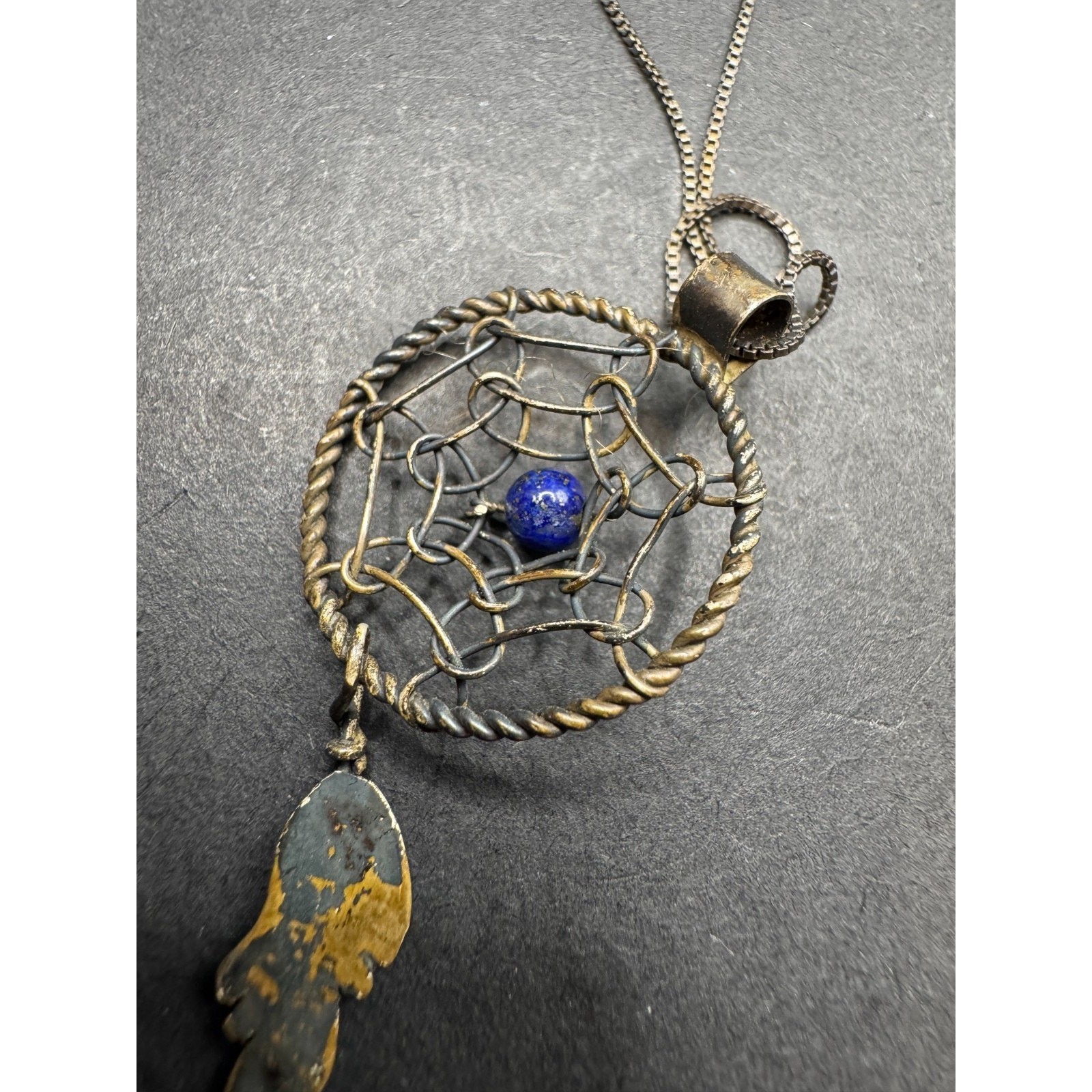 Vintage AGI Italy Signed Sterling Silver 925 Lapis Lazuli Dreamcatcher Necklace