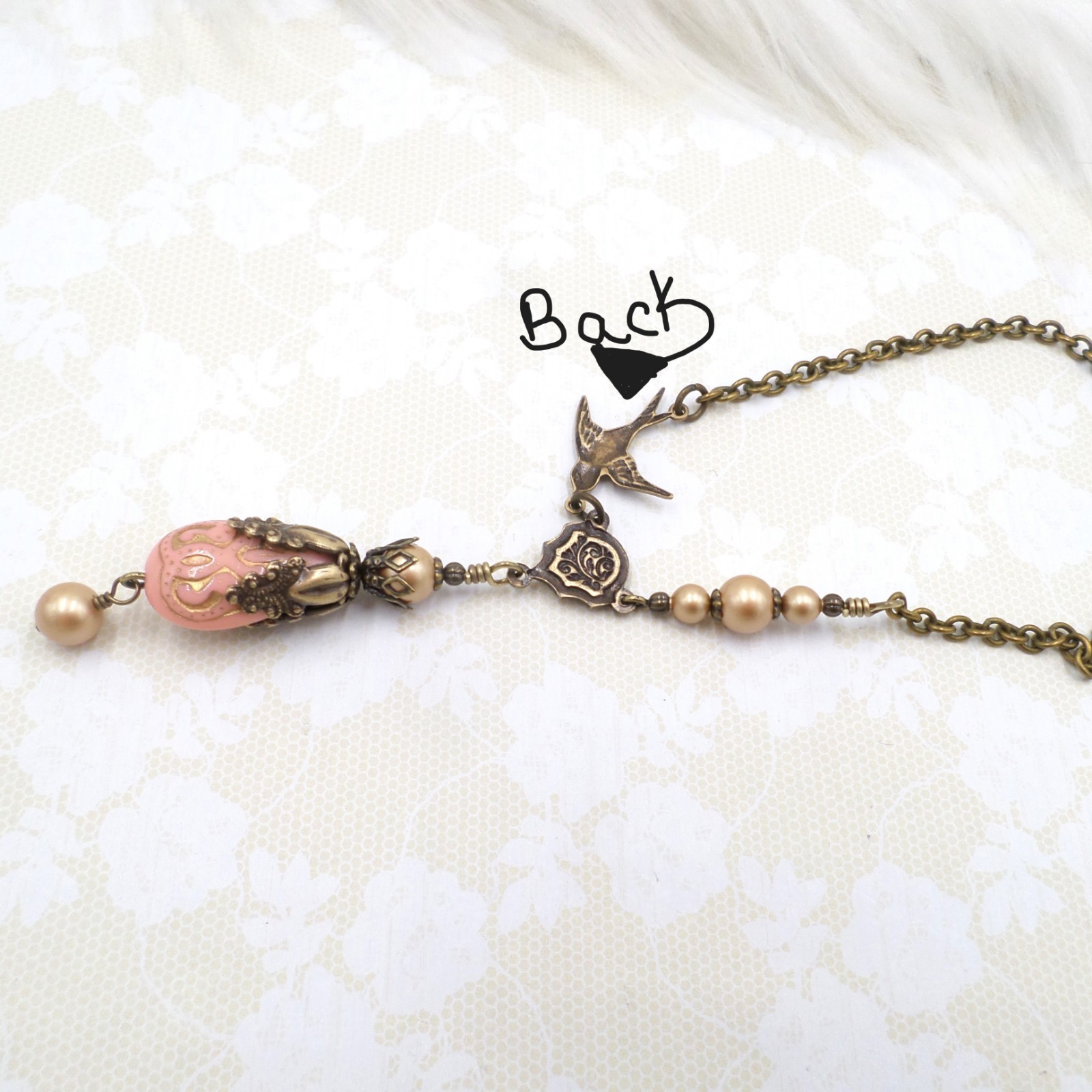Victorian Style Brass Bird Necklace Pink Acrylic Bead Gold Pearl Handmade Unique