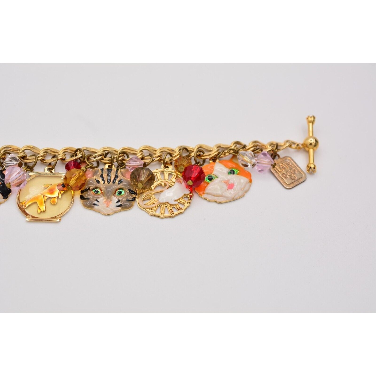 Lunch at The Ritz Vintage Cat Charm Bracelet Bird Fish Crystal Signed 1990s Bin6