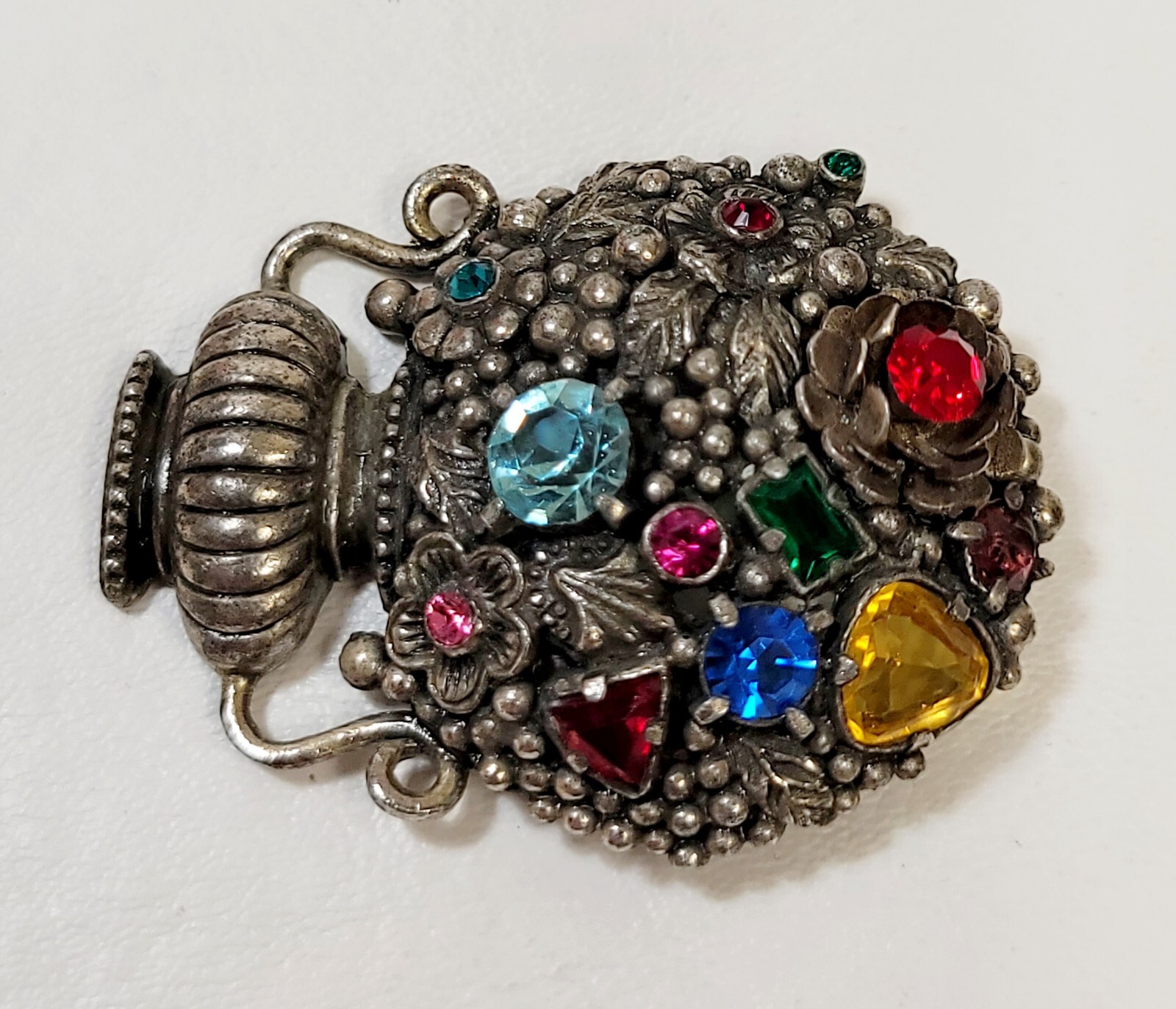 Vintage Large Estate French Rhinestone Flower Bouquet Silver Tone Urn Brooch