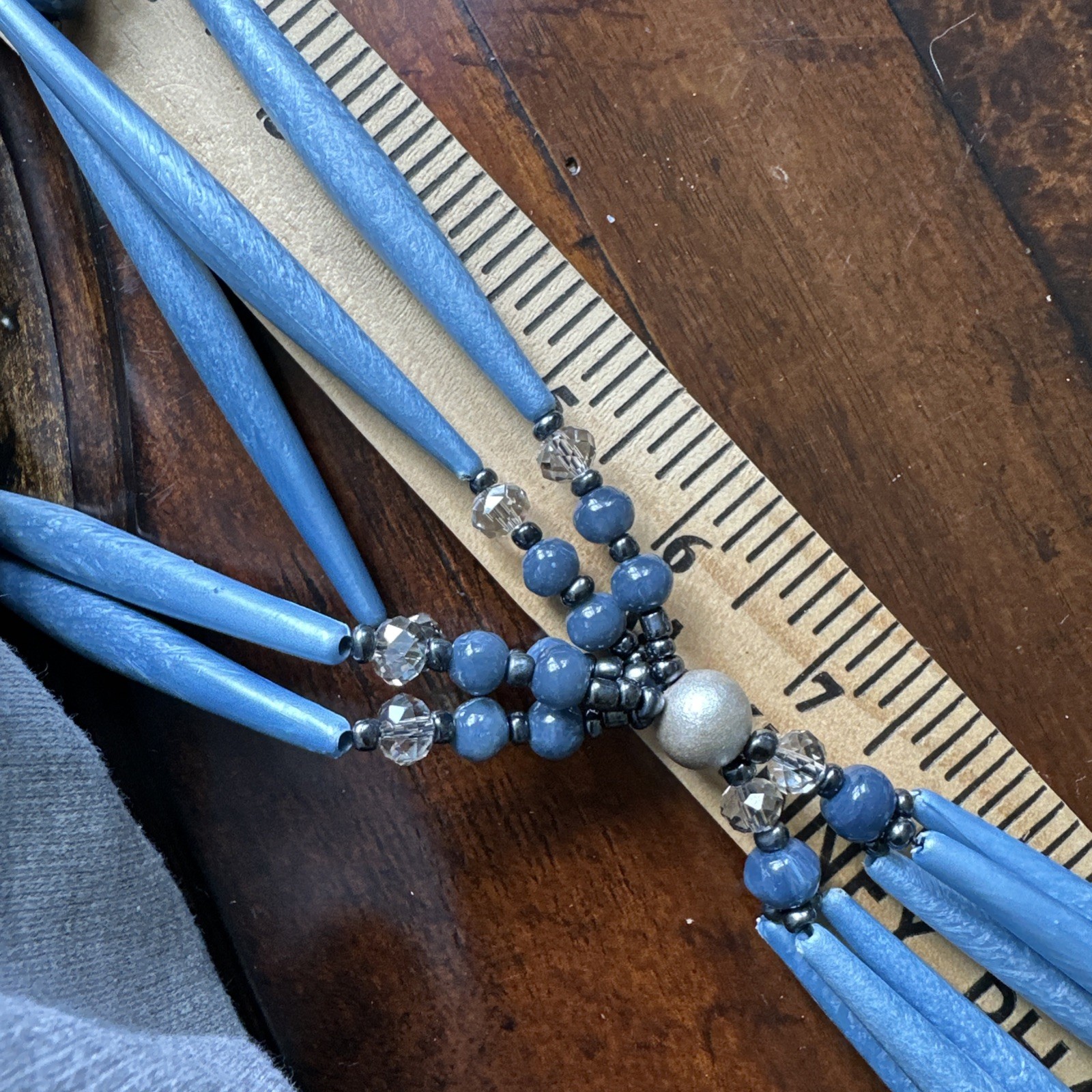 Chicos Statement Waterfall Necklace 29 Inch Acrylic Crystal Beaded Blue Silver