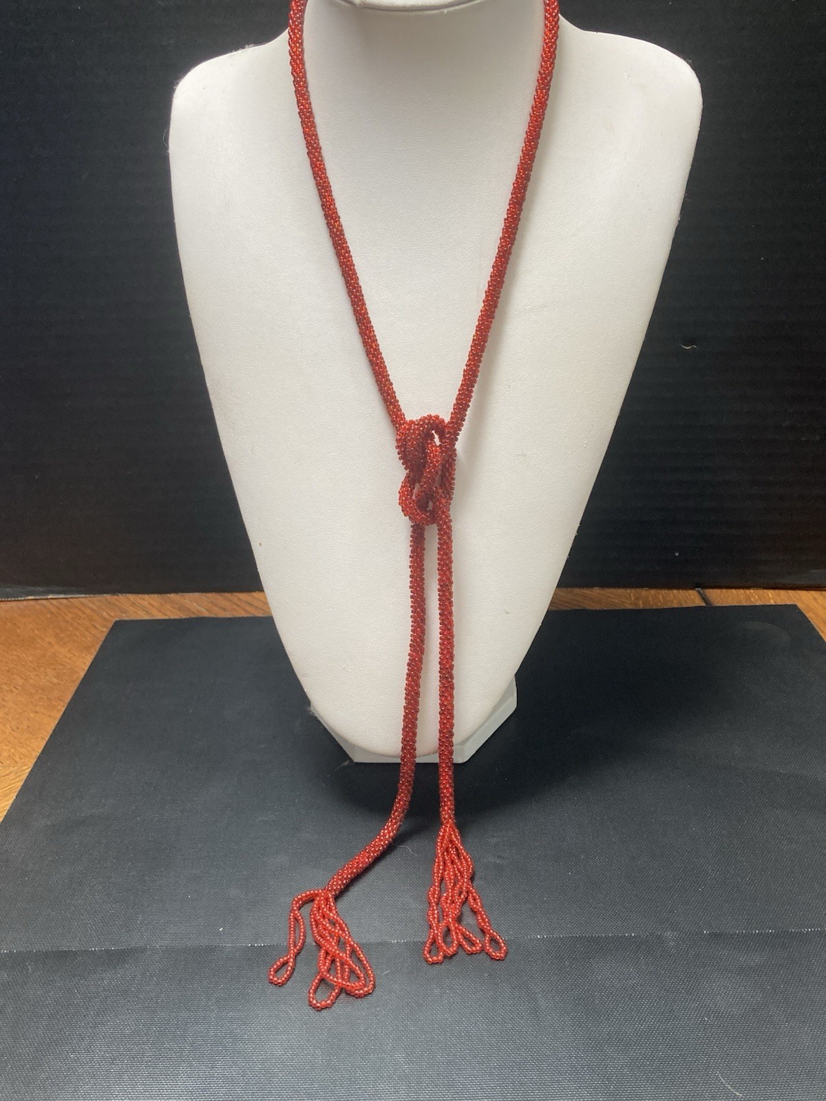 Vintage Lariat Necklace Flapper Red Beaded Tassel 45” Soft Lightweight Easy