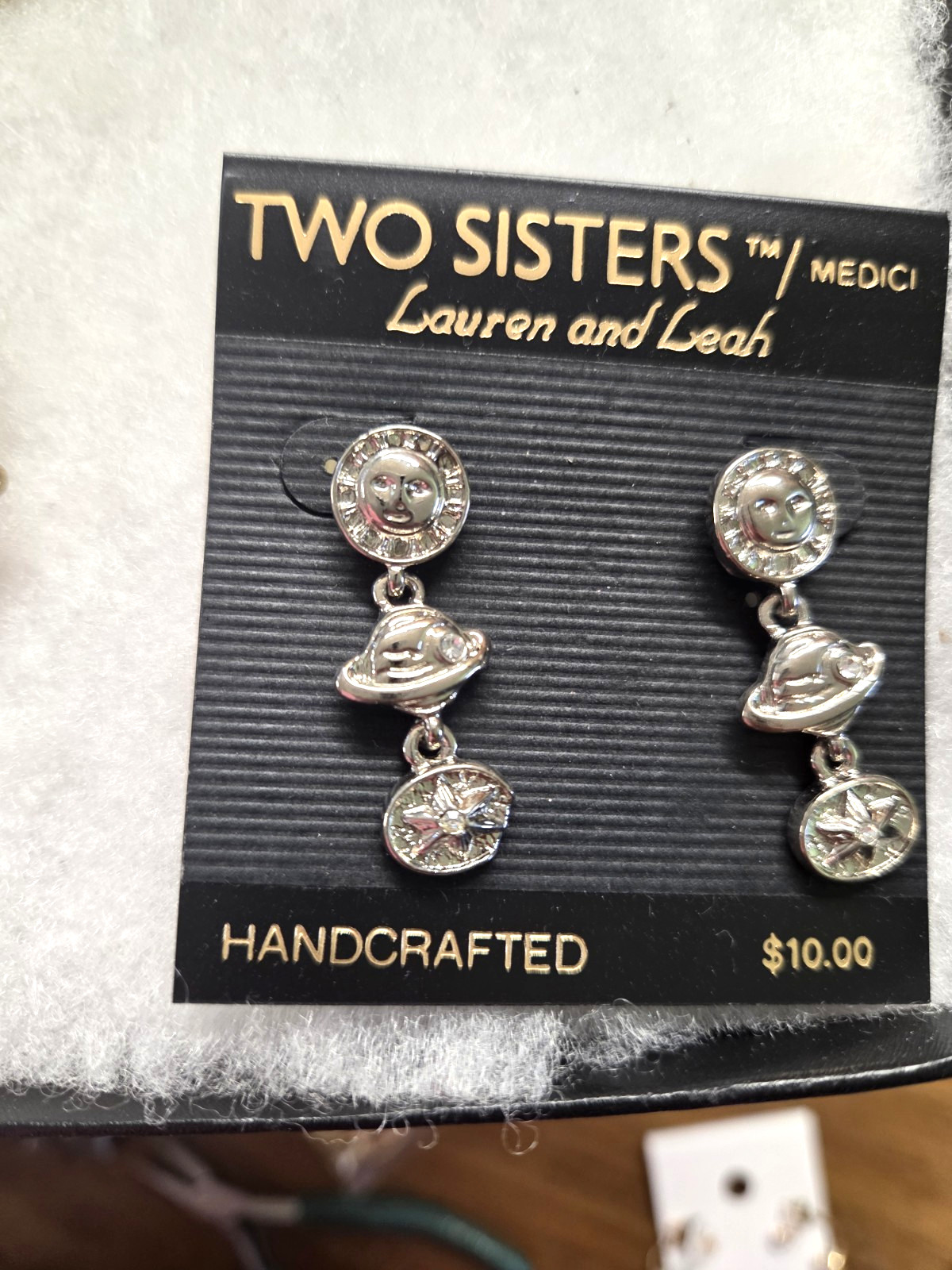 Vtg Two Sisters silver tone Sun world star rhinestone pierced Earrings