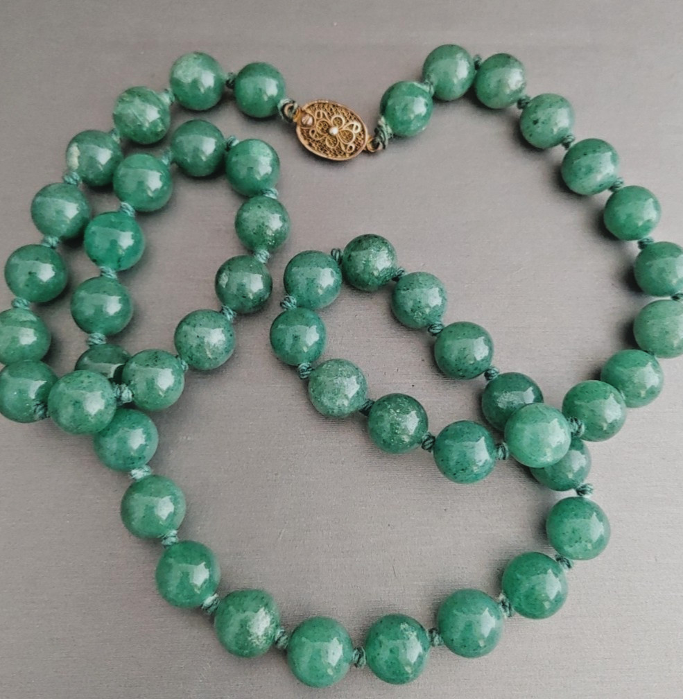 Vintage Chinese Export Green JADE Beaded Necklace Knotted 9mm 23”